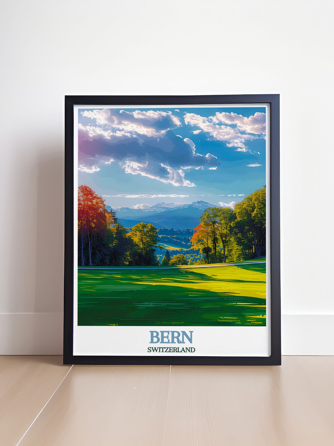 Bern Switzerland Green Meadow and Alpine Peaks Travel Poster - Image 4