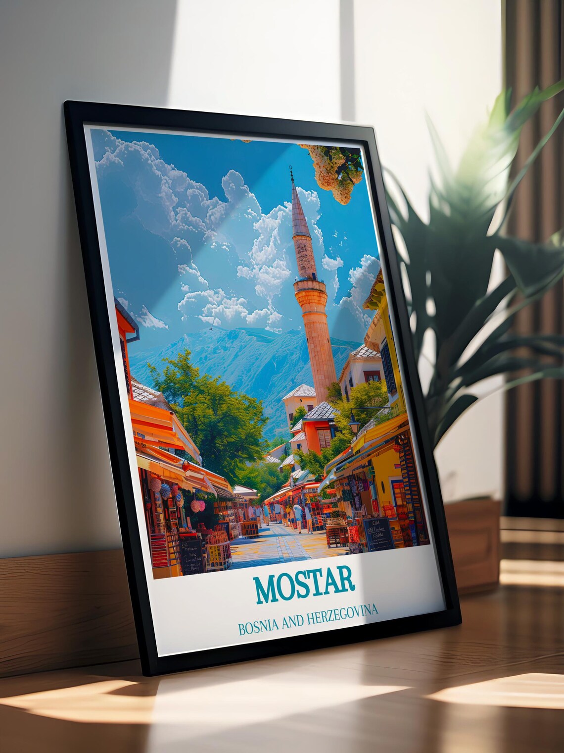 Mostar Old Bazaar Street Minaret Bosnia and Herzegovina Travel Poster - Image 2