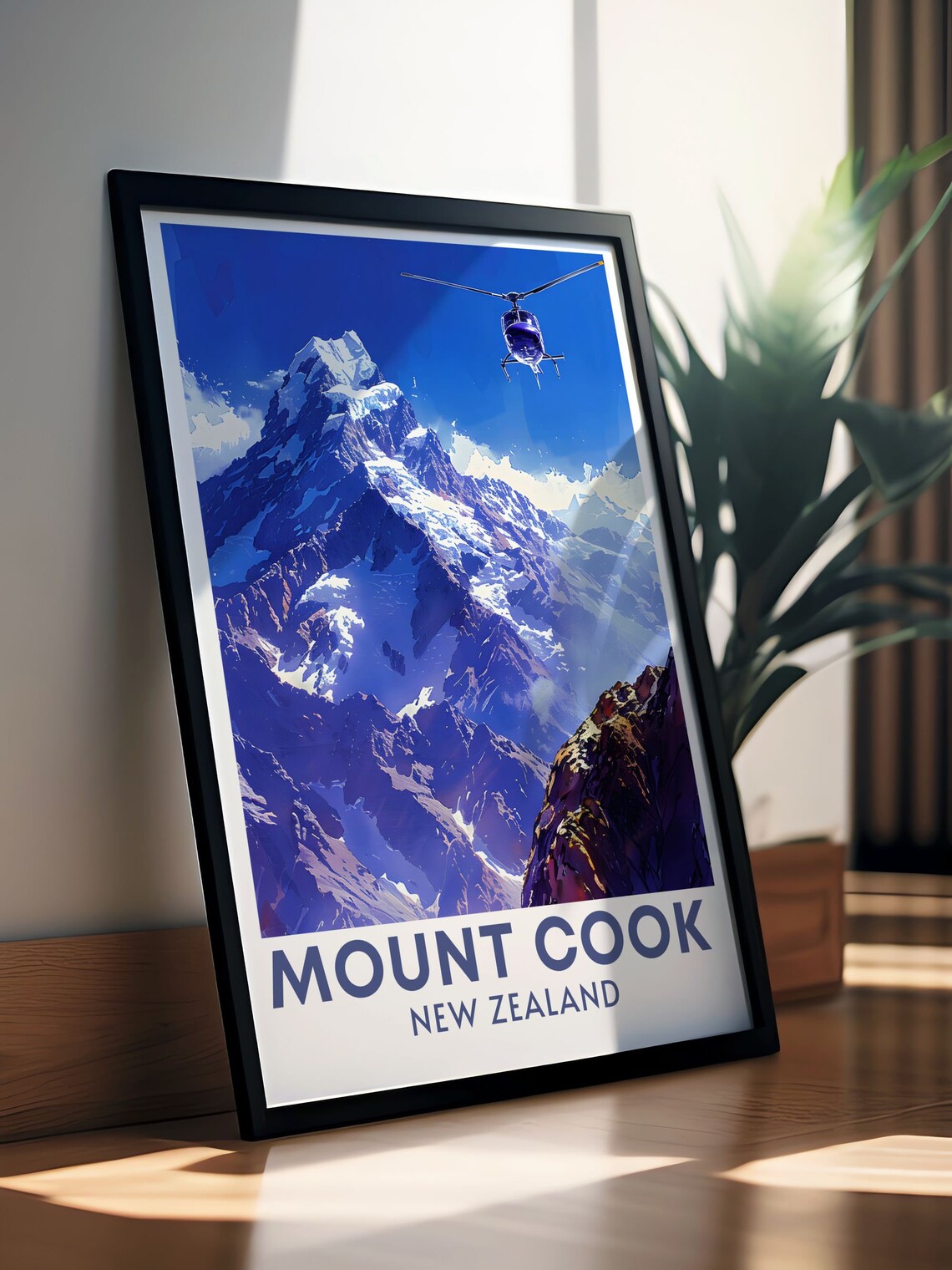 Mount Cook Snow Peak with Helicopter New Zealand Travel Poster - Image 3