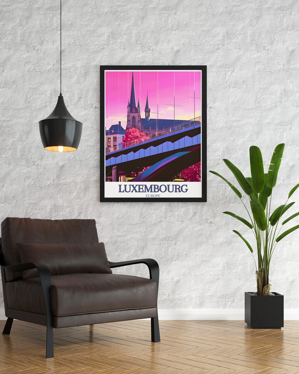 Luxembourg Europe Notre Dame Cathedral Pink Dusk Bridge Travel Poster - Image 2