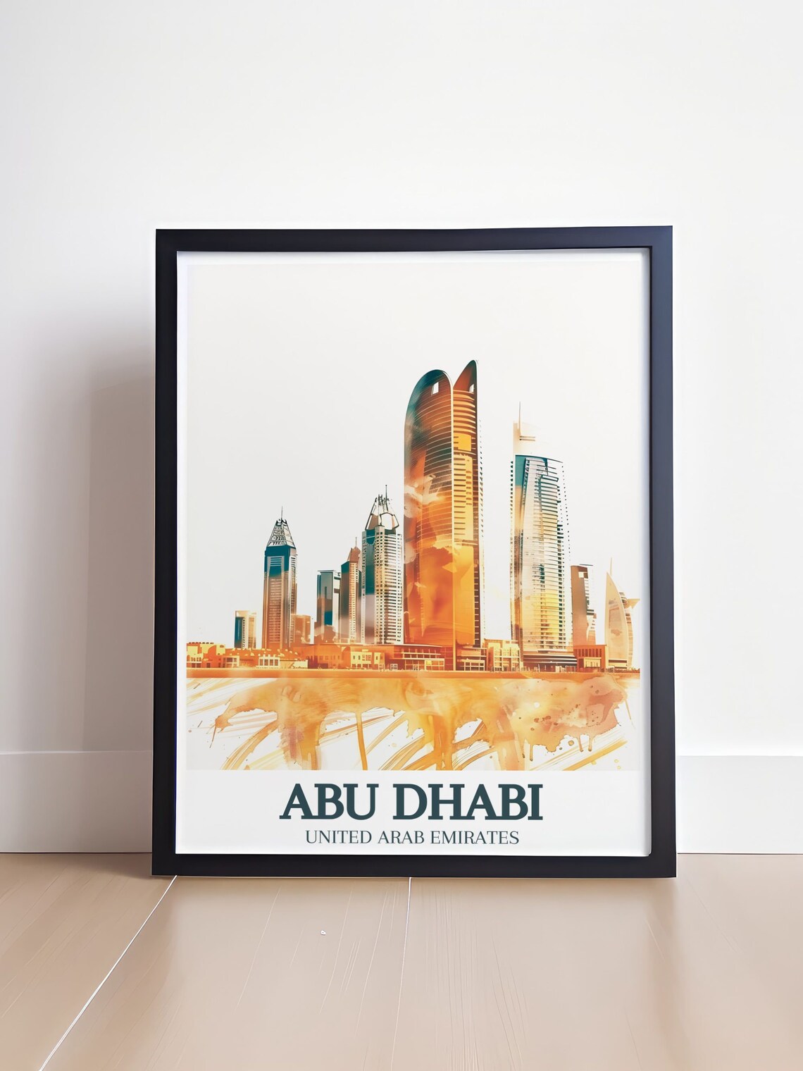 Abu Dhabi Skyline Golden Watercolor Etihad Towers Travel Poster - Image 4