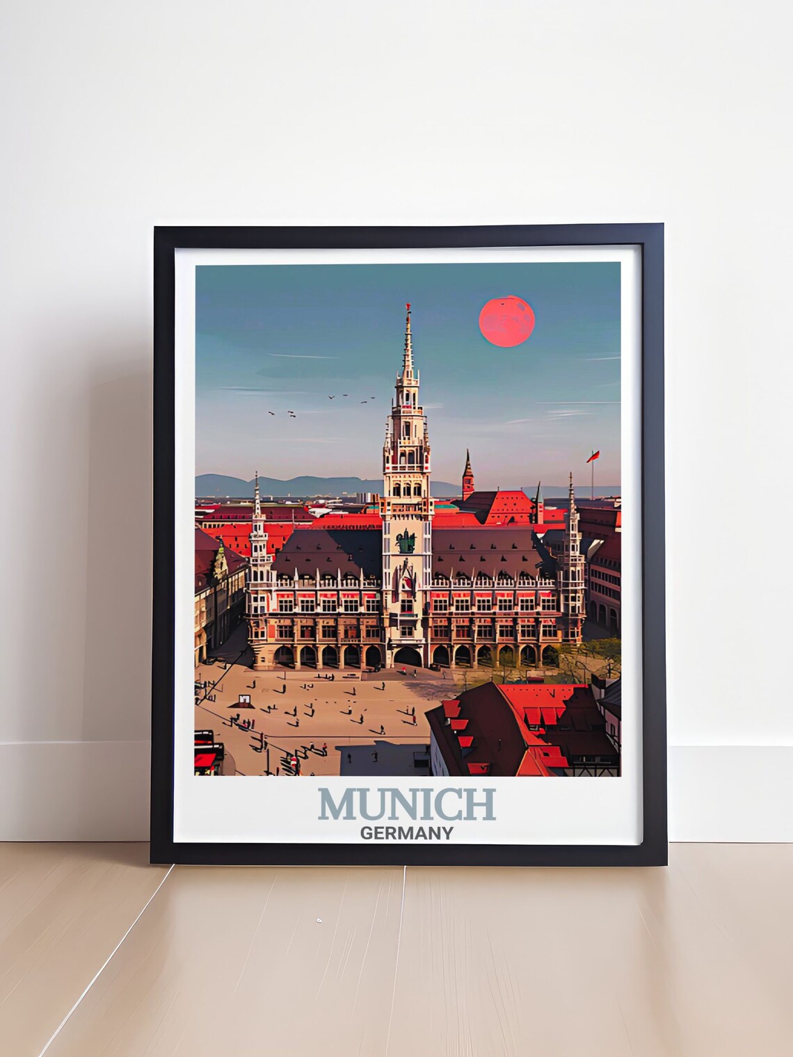 Munich New Town Hall Tower Marienplatz Red Roofs Sunset Travel Poster - Image 4