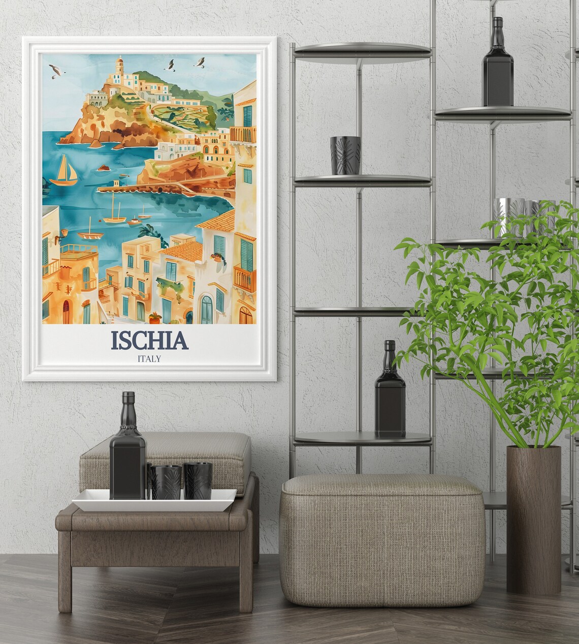 Ischia Italy Sant Angelo Village Harbor Watercolor Art Poster - Image 3