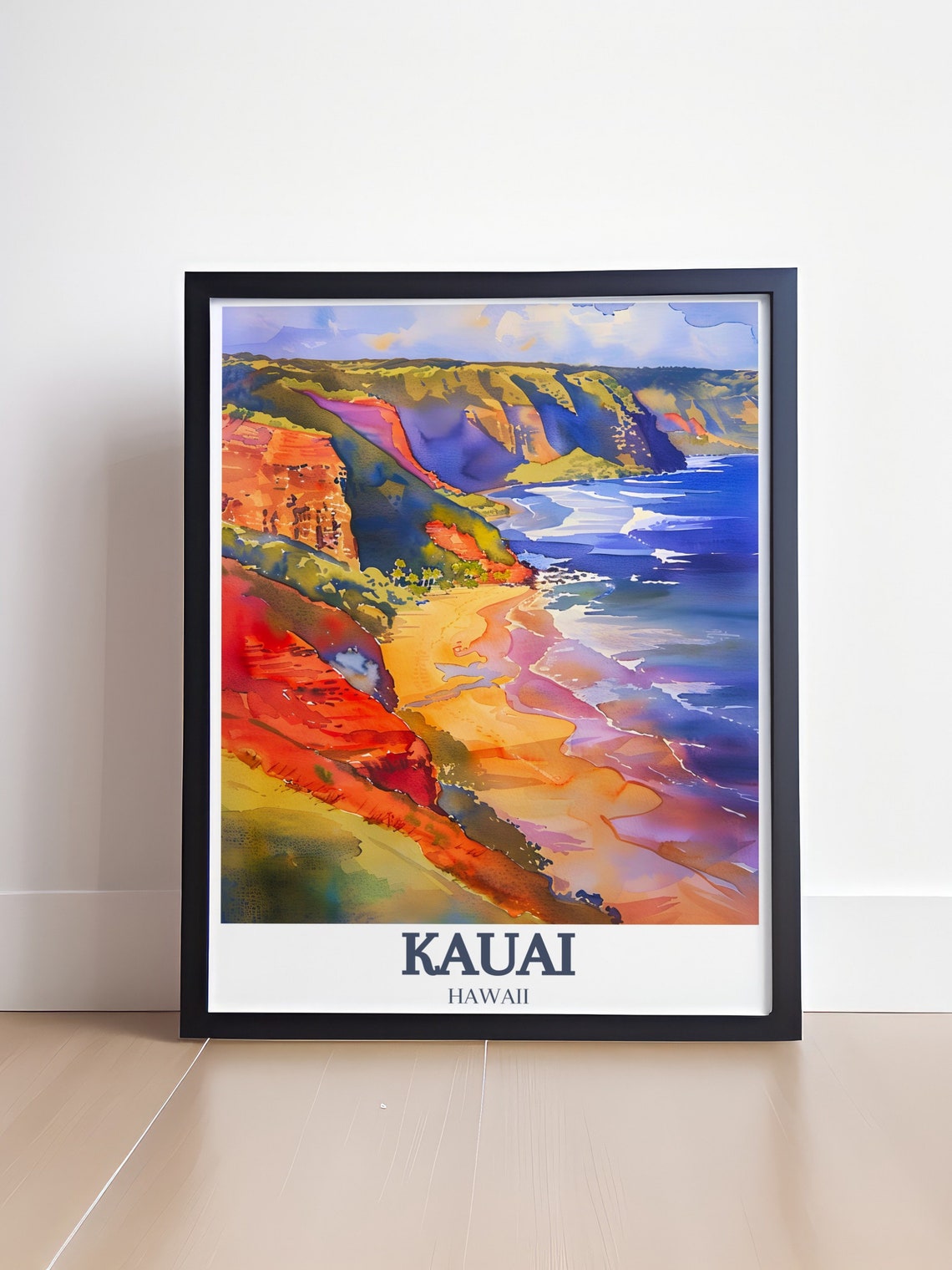 Kauai Hawaii Waimea Canyon Red Cliffs Coast Watercolor Poster - Image 4