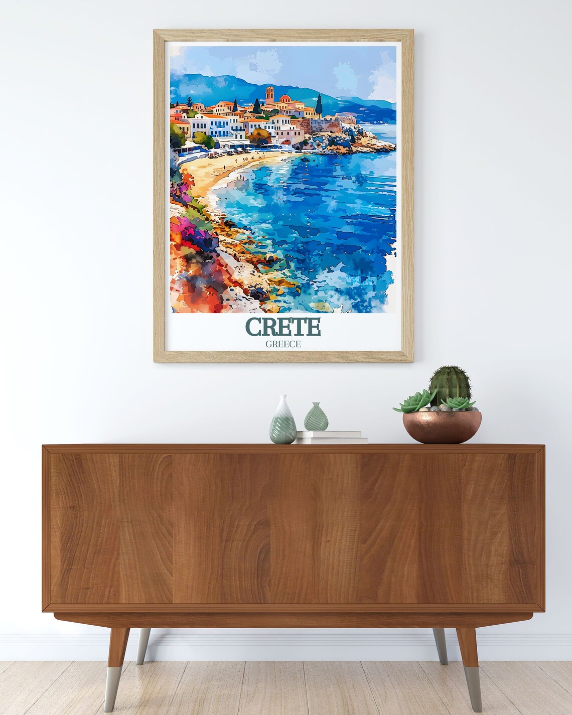 Crete Greece Coastal Town Bay Church Tower Watercolor Poster - Image 3