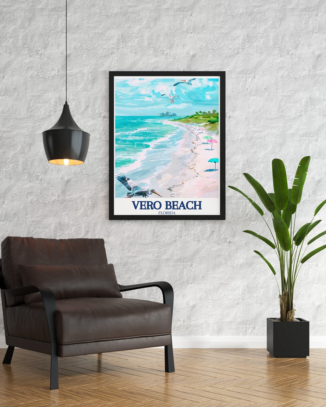 Vero Beach Florida Watercolor Shore Pelicans Umbrellas Travel Poster - Image 3