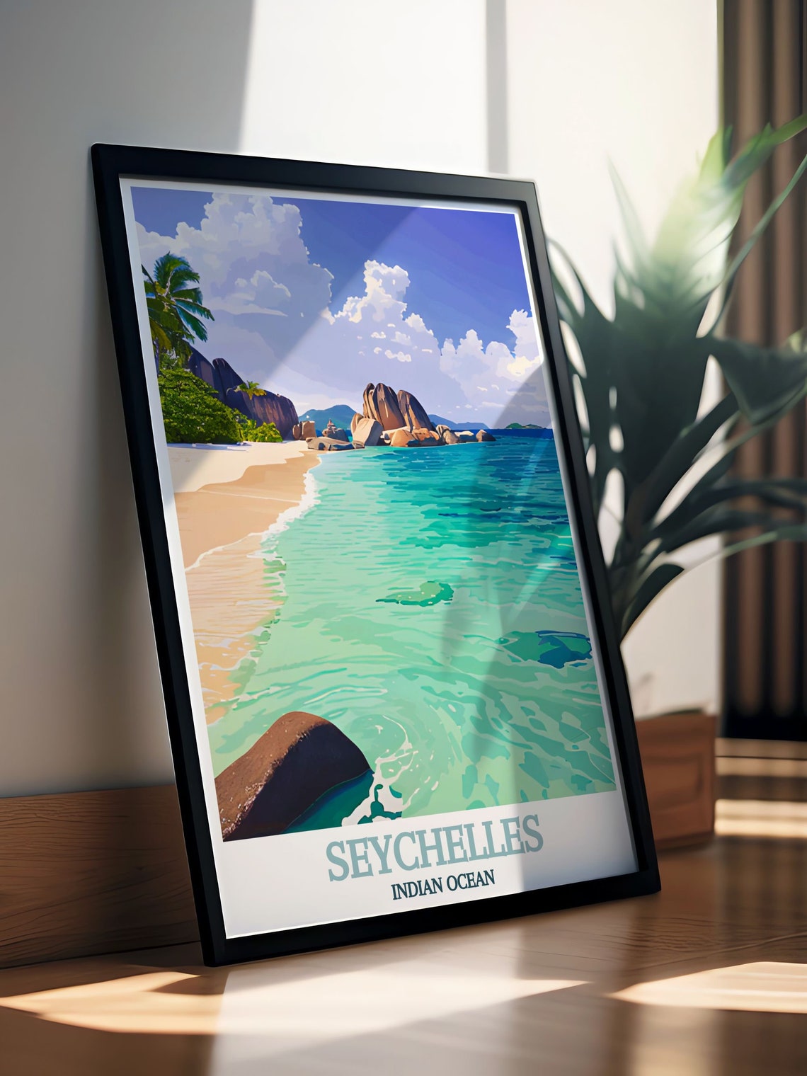 Scenic Seychelles Indian Ocean Granite Boulder Beach Travel Poster - Image 3