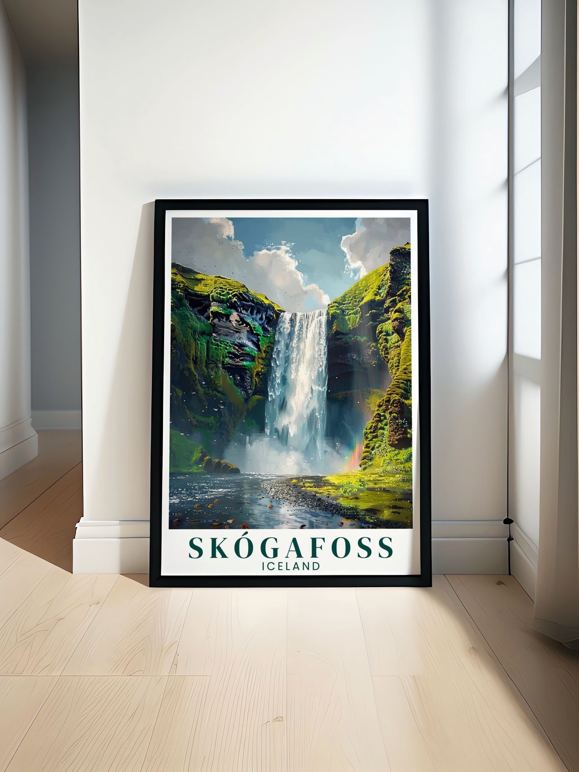 Skogafoss Iceland Summer Waterfall Rainbow Meadow Travel Poster