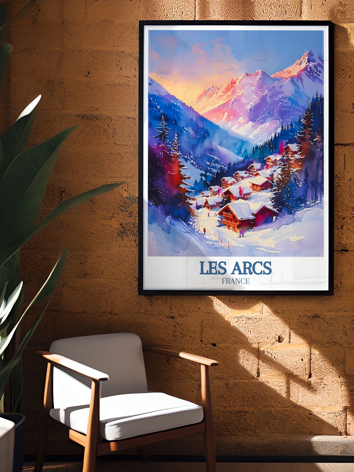 Les Arcs France Alpine Chalets Sunset Watercolor Ski Travel Poster - Image 2