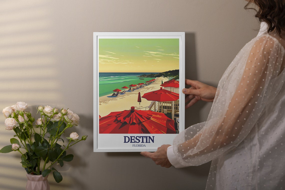Destin Crab Island Beach Red Umbrellas Florida Coast Travel Poster - Image 2