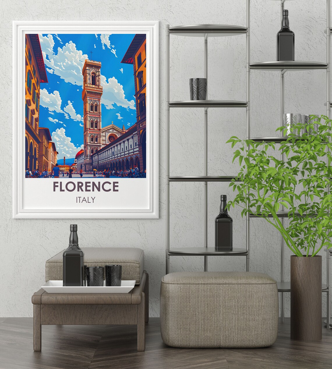 Florence Italy Travel Poster Giotto Bell Tower Street Scene Art - Image 3