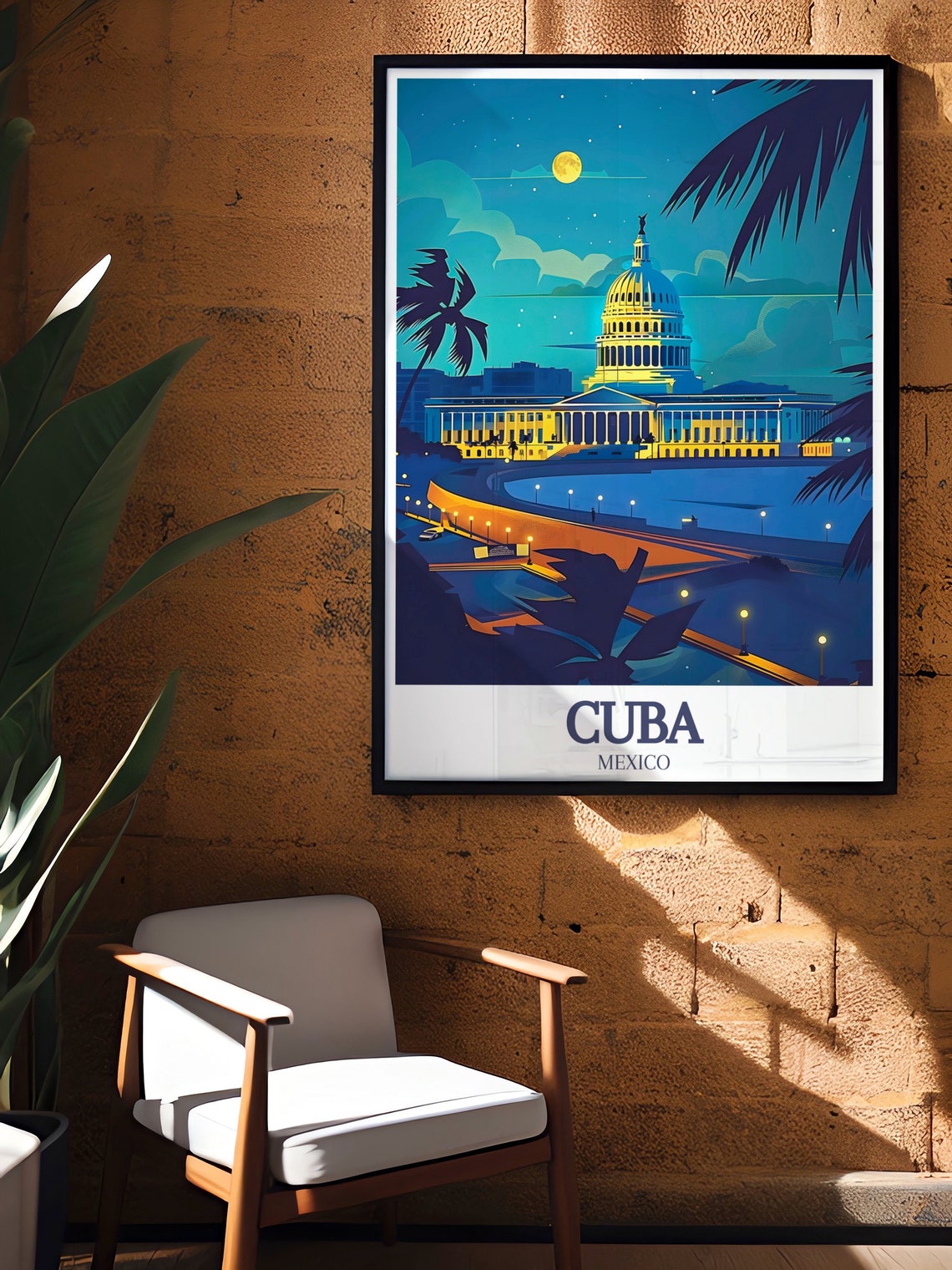 Mexico Cuba El Capitolio Moonlit Night Palms Vintage Travel Poster - Image 3