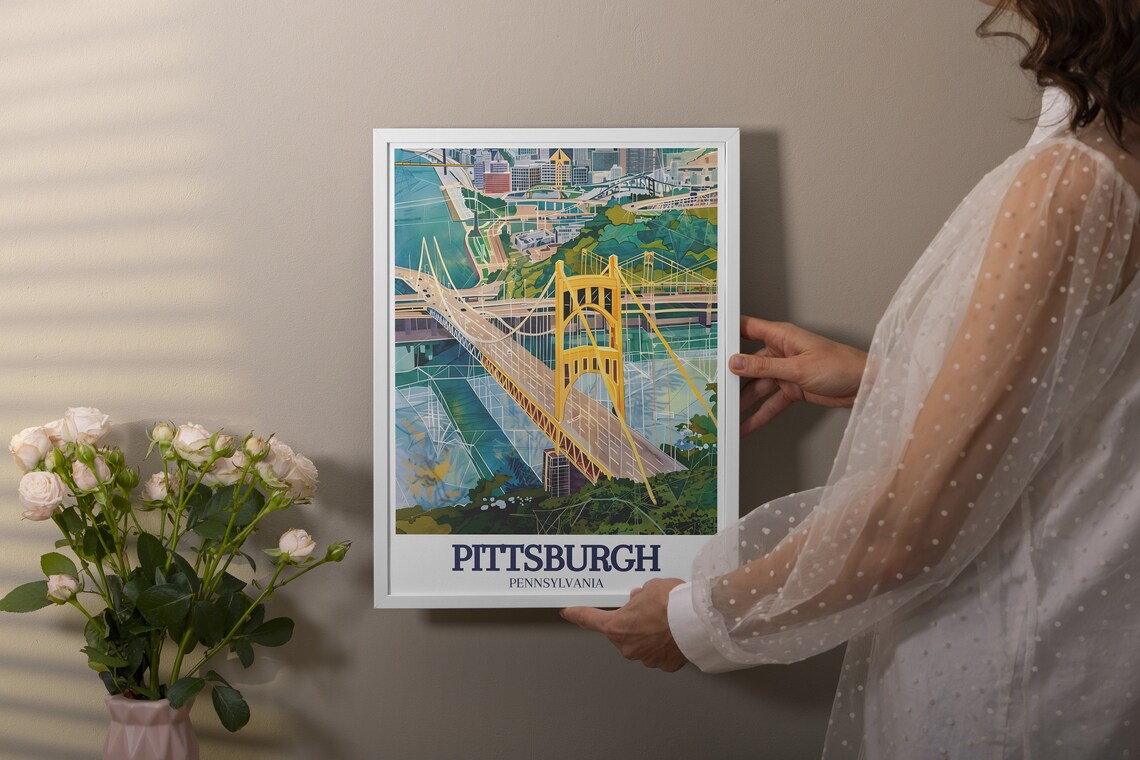 Pittsburgh Travel Poster South Tenth Street Bridge And City Art Prints South Tenth Street Bridge And Allegheny River Poster - Image 2