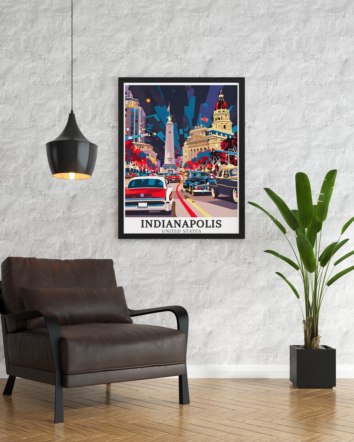 Indianapolis Monument Night Classic Cars Vintage Travel Poster - Image 3
