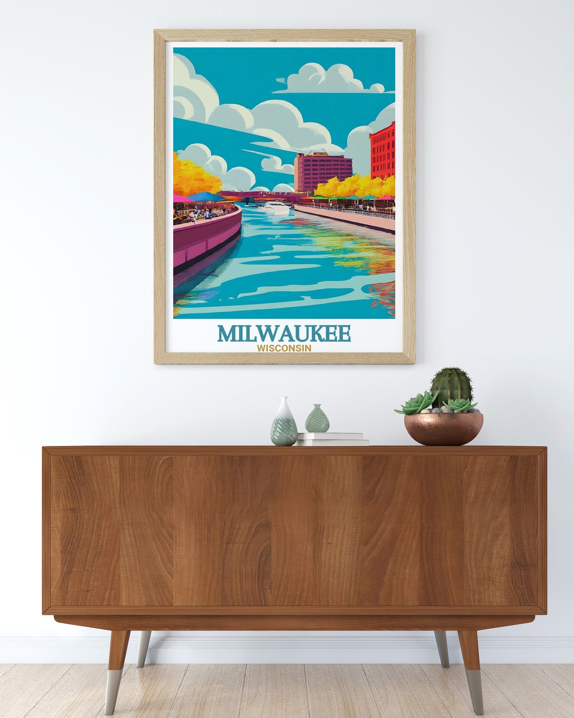 Milwaukee Riverwalk Cafes Under Bright Teal Skies Travel Poster - Image 3