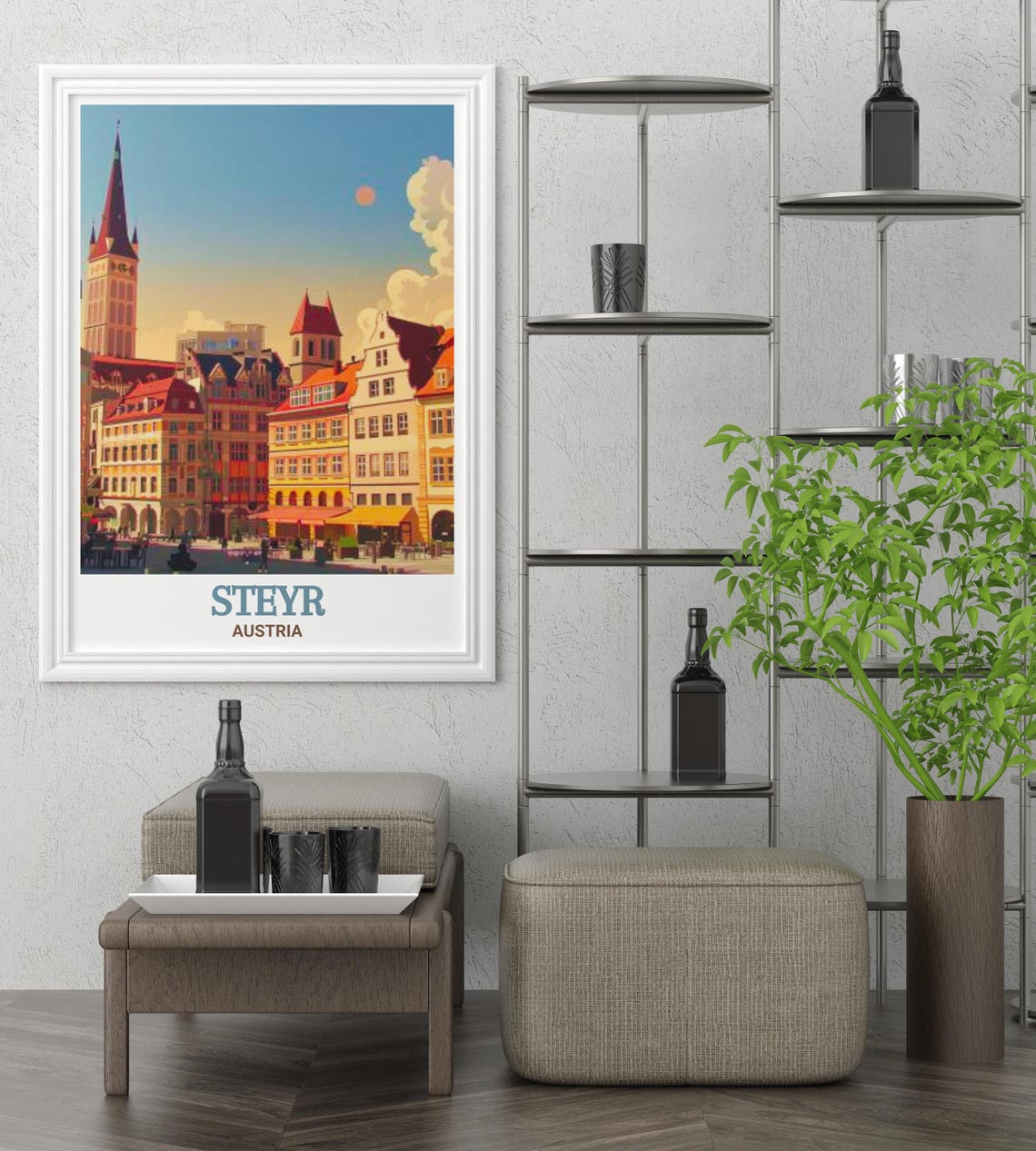 Steyr Austria Historic Town Square and Red Spire Tower Poster - Image 2