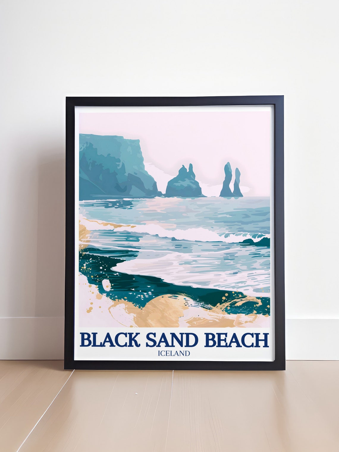 Iceland Black Sand Beach Poster Reynisfjara Sea Stacks Pastel Art - Image 4