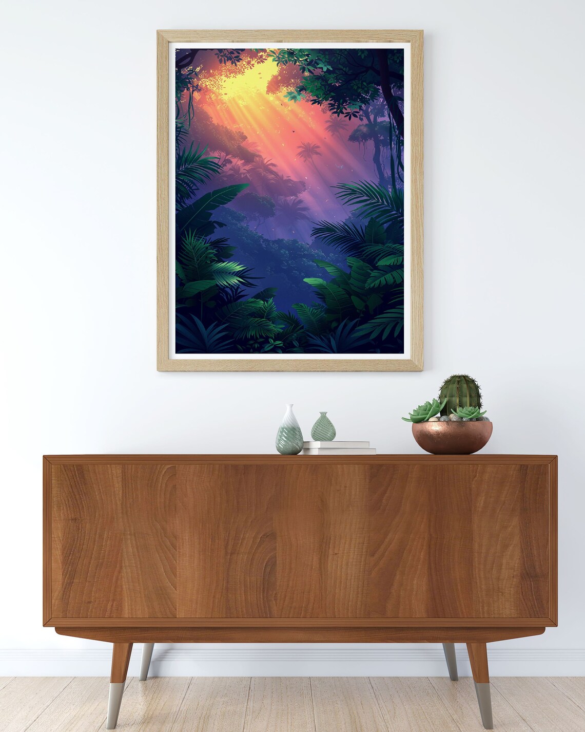 Golden Sunbeams Streaming Through Misty Tropical Jungle Lush Wall Art - Image 3