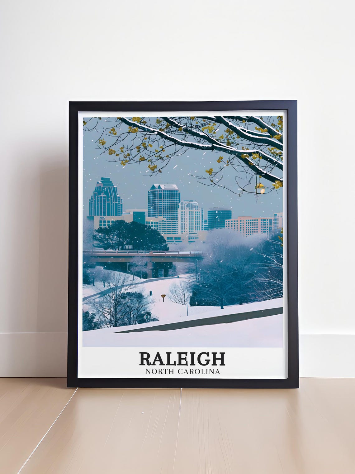 Raleigh North Carolina Snowy Winter Skyline Snowfall Bridge Poster - Image 4