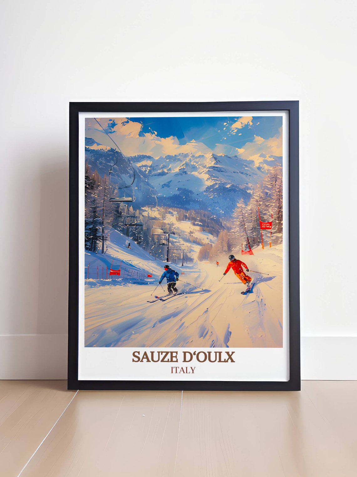 Sauze d'Oulx Italy Skiers Racing Down Sunny Alpine Slopes Poster - Image 4