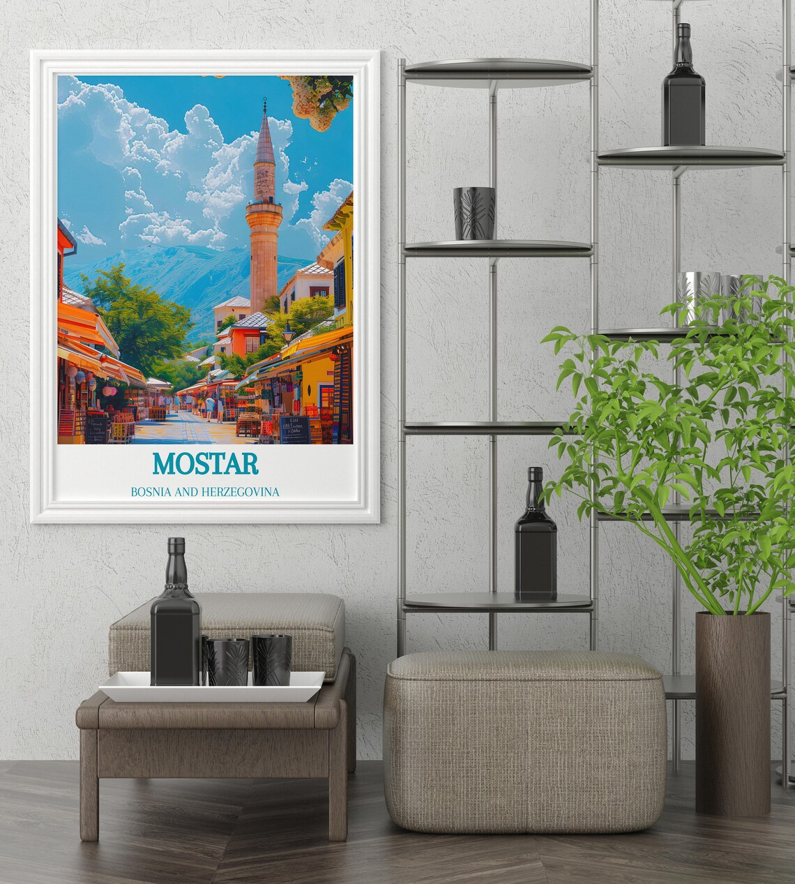 Mostar Old Bazaar Street Minaret Bosnia and Herzegovina Travel Poster - Image 3