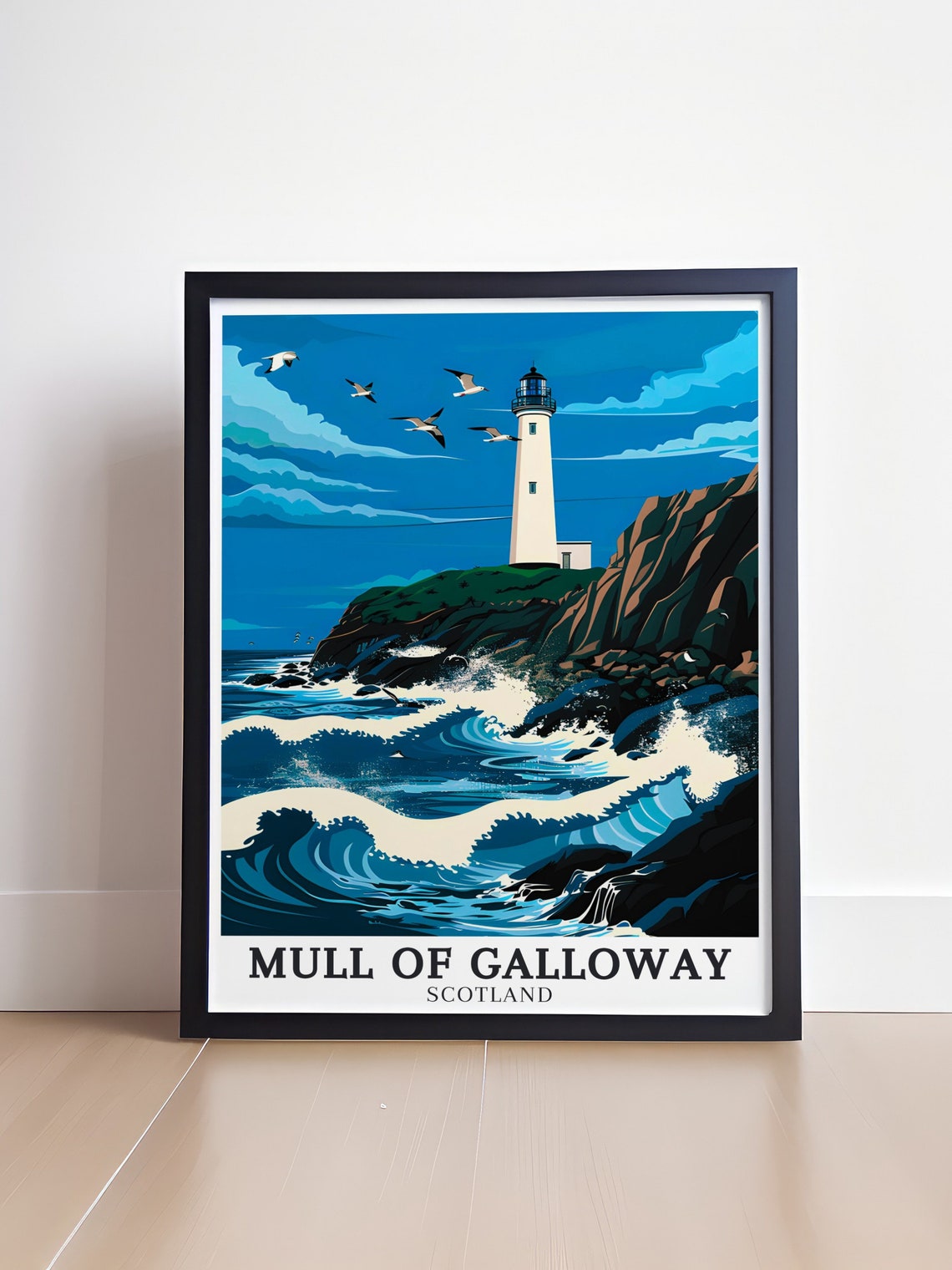 Mull of Galloway Lighthouse Crashing Waves Scotland Travel Poster