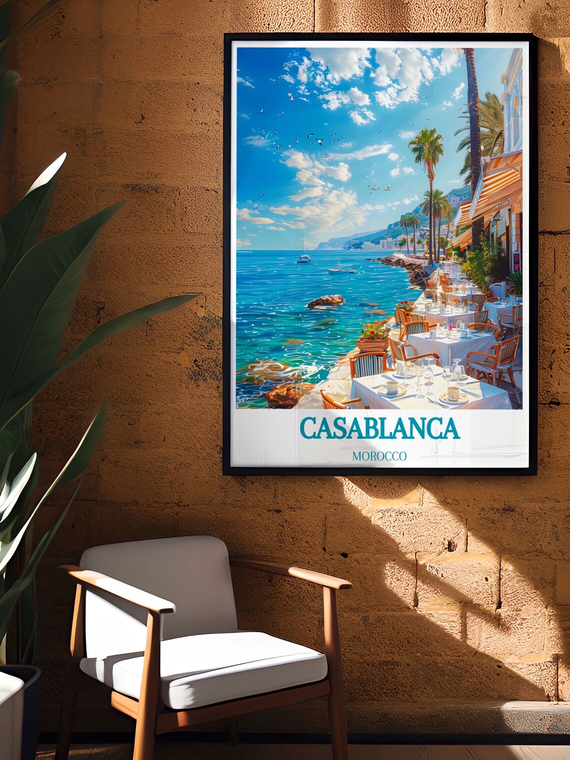 Casablanca Morocco Seaside Terrace White Tables Turquoise Sea Poster - Image 3
