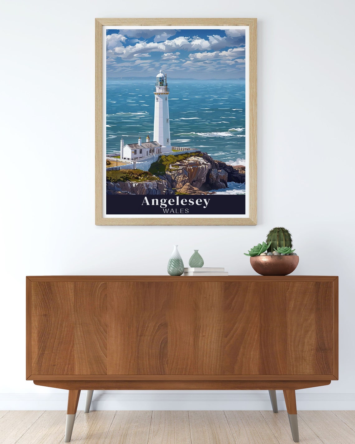 Anglesey Wales White Lighthouse Poster on Rugged Rocky Sea Cliffs - Image 3