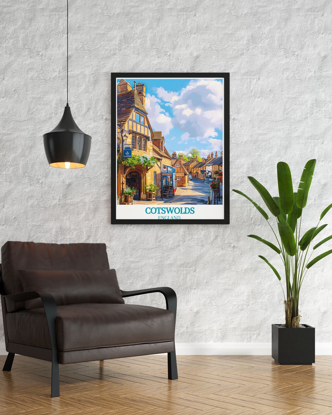 Cotswolds England Charming Village Street Stone Shops Poster - Image 2