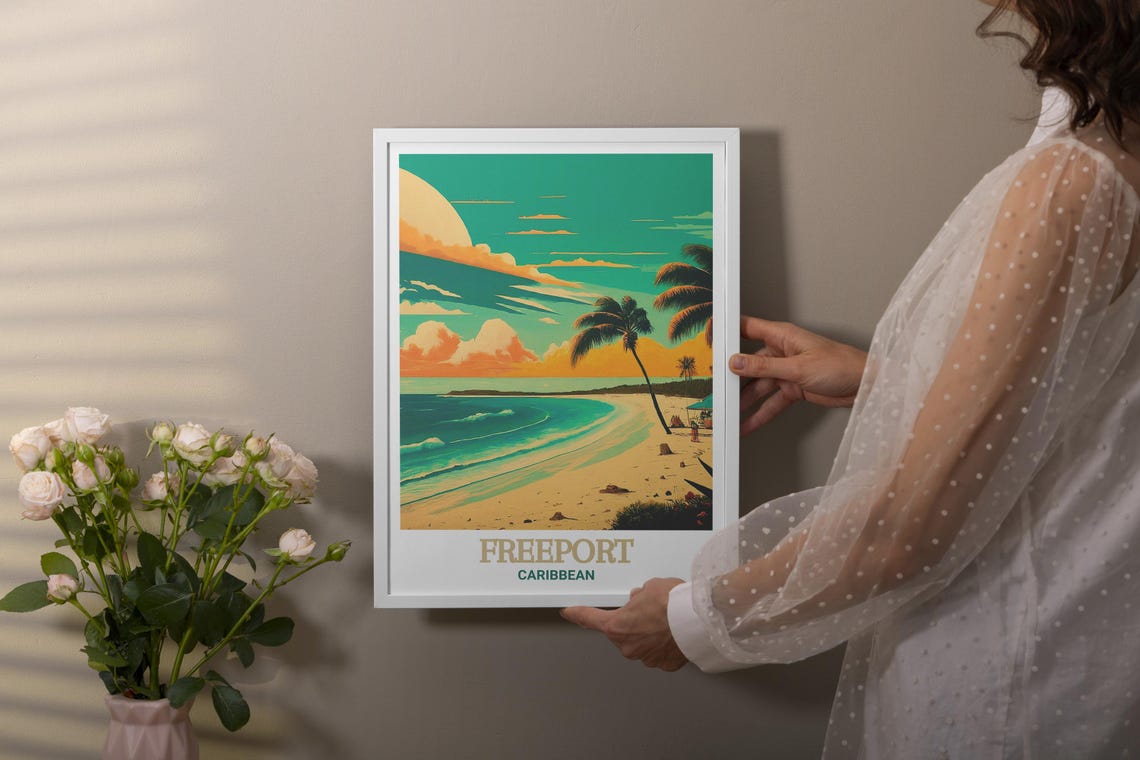 Freeport Caribbean Golden Sunset Palm Beach Waves Art Poster - Image 2