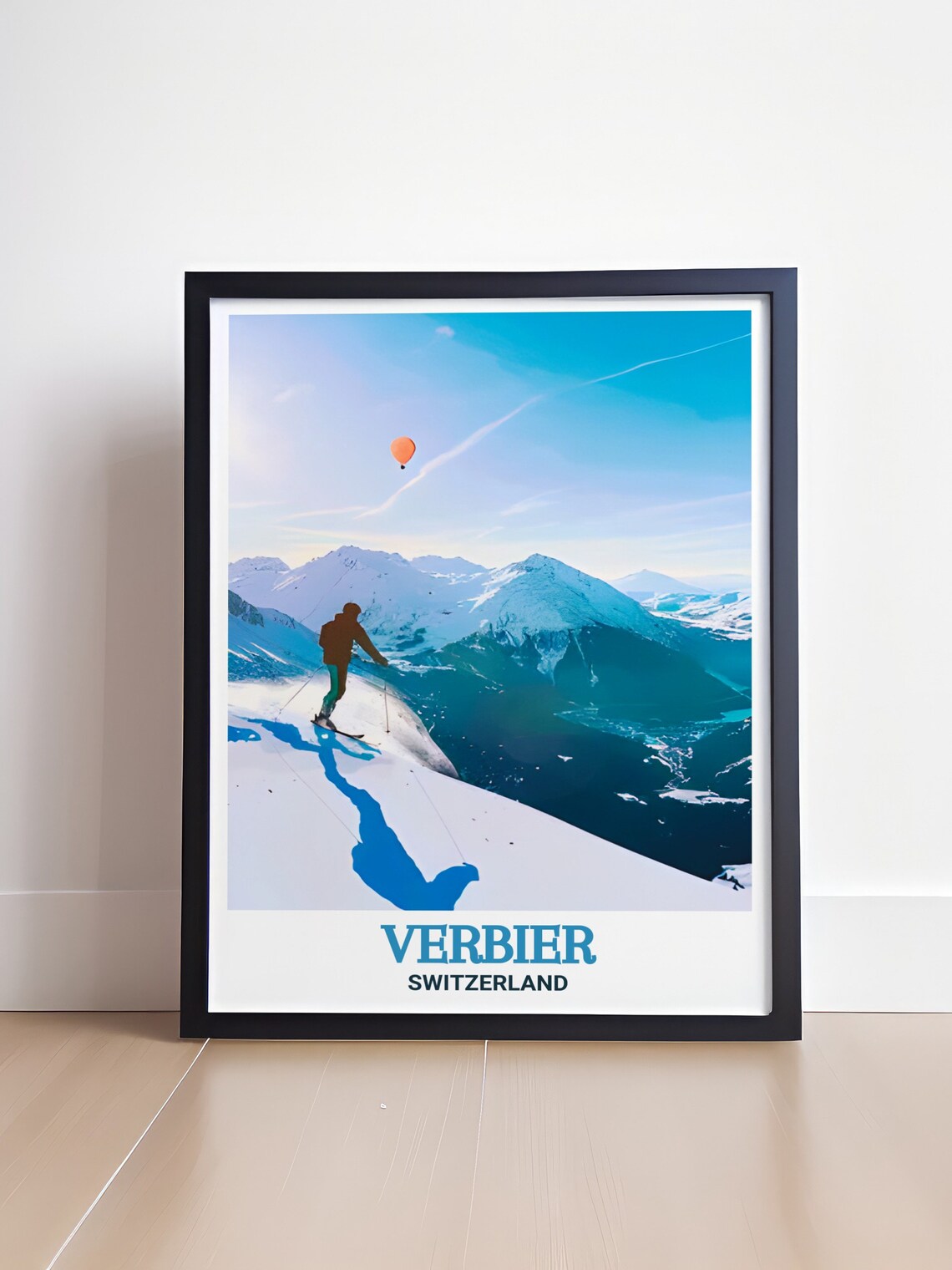 Verbier Switzerland Skier on Alpine Peak Hot Air Balloon Poster - Image 4