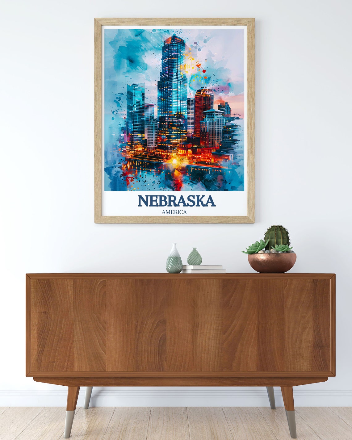 Omaha Downtown Glowing Skyline Watercolor at Dusk Nebraska Poster - Image 2