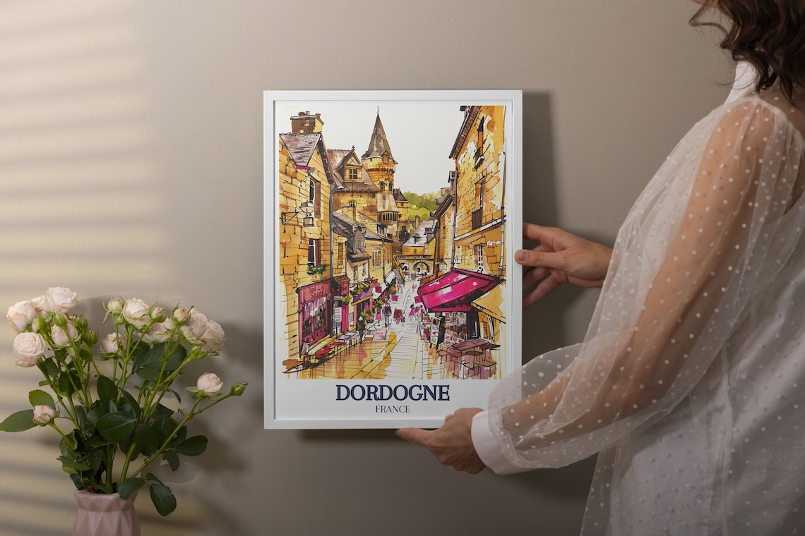 Dordogne France Medieval Old Town Street Watercolor Travel Poster - Image 3
