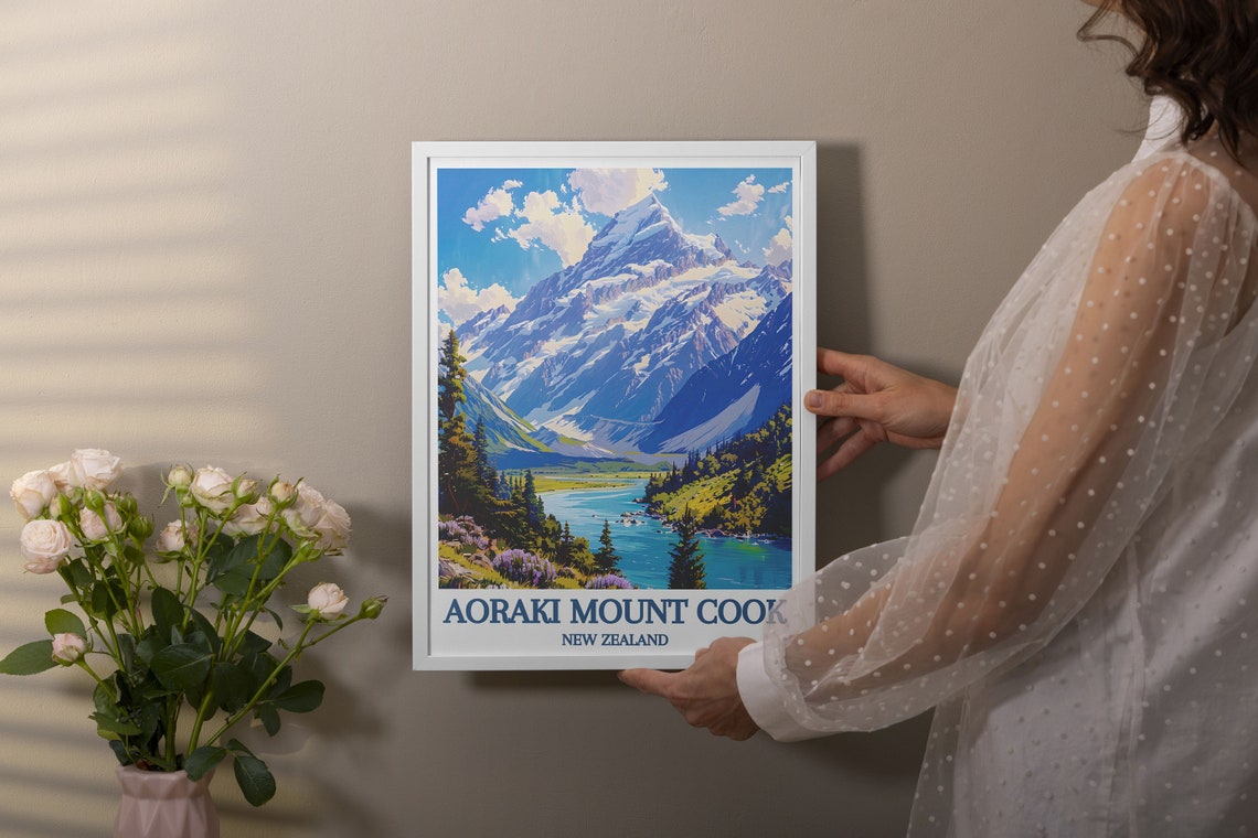 Aoraki Mount Cook Snow Peak Valley River Scenic Travel Poster - Image 3