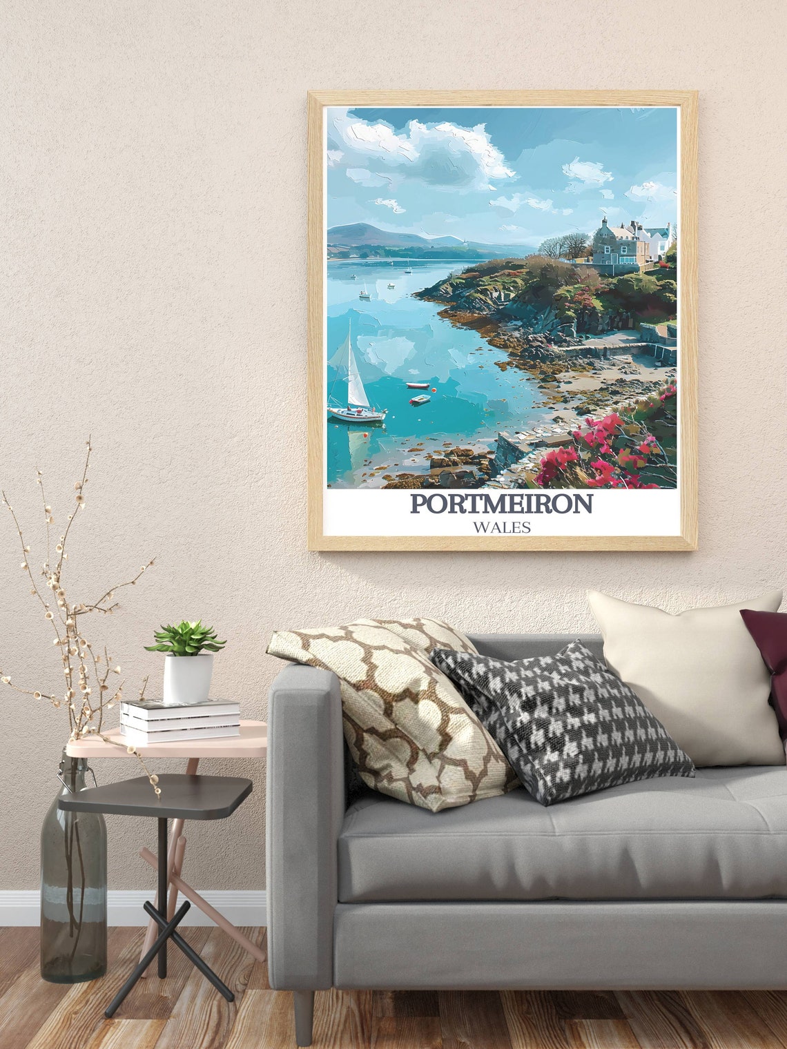Portmeirion Turquoise Bay Sailboats and Coastal Villa Wales Poster - Image 3