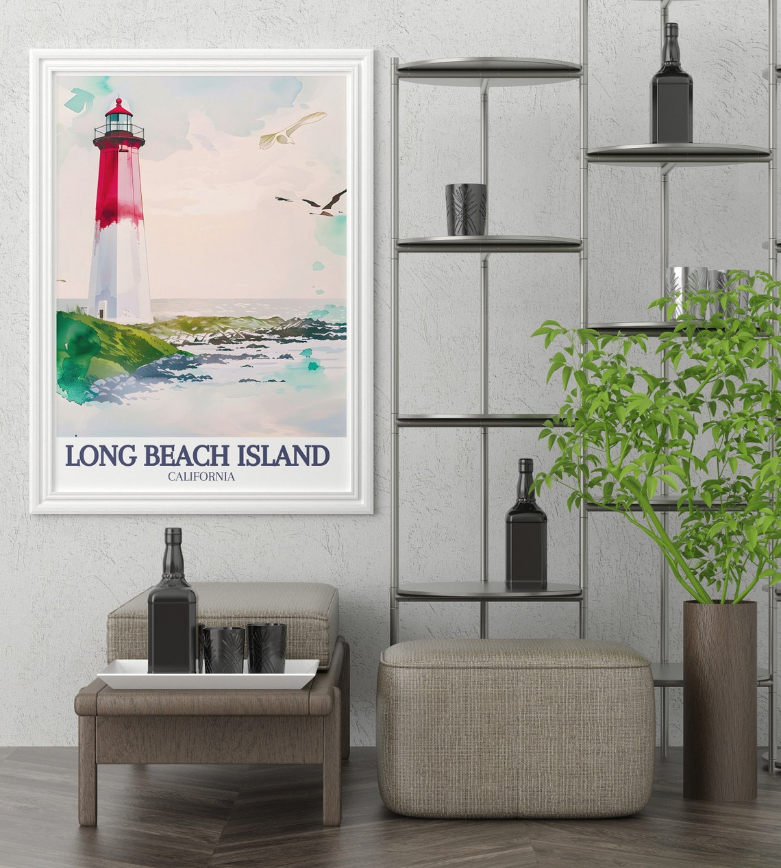 Long Beach Island California Lighthouse Watercolor Coast Poster - Image 2