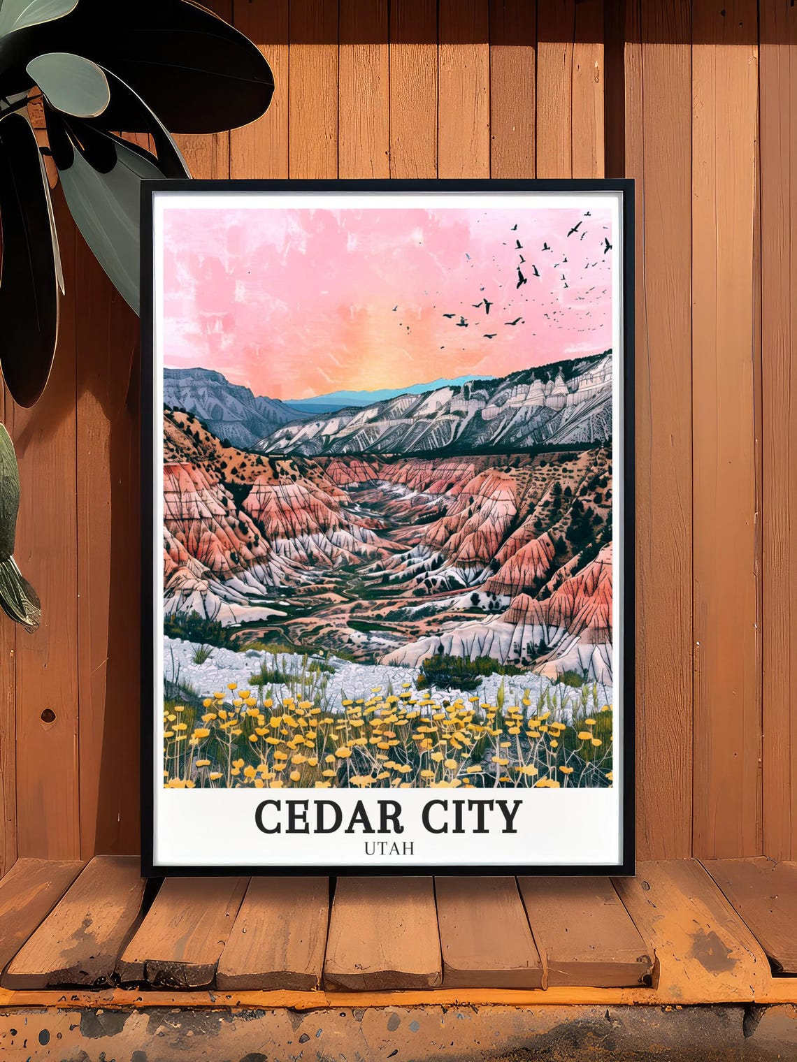 Cedar City Utah Poster Sunset Canyon with Wildflowers and Flying Birds - Image 2