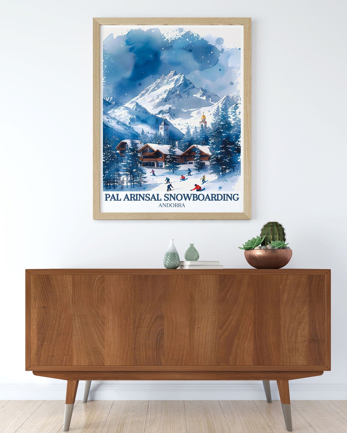 Pal Arinsal Snowboarding Blue Watercolor Mountain Village Poster - Image 2