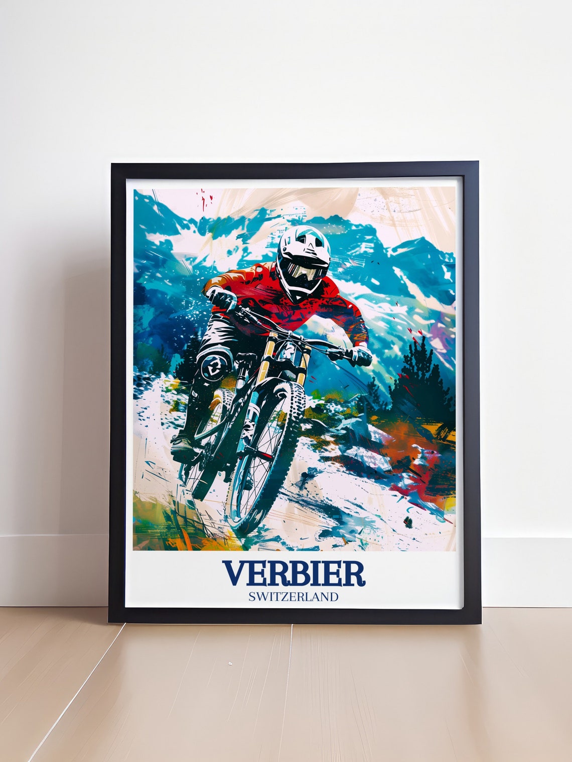 Verbier Mountain Biker Downhill Action Painting Switzerland Poster - Image 4