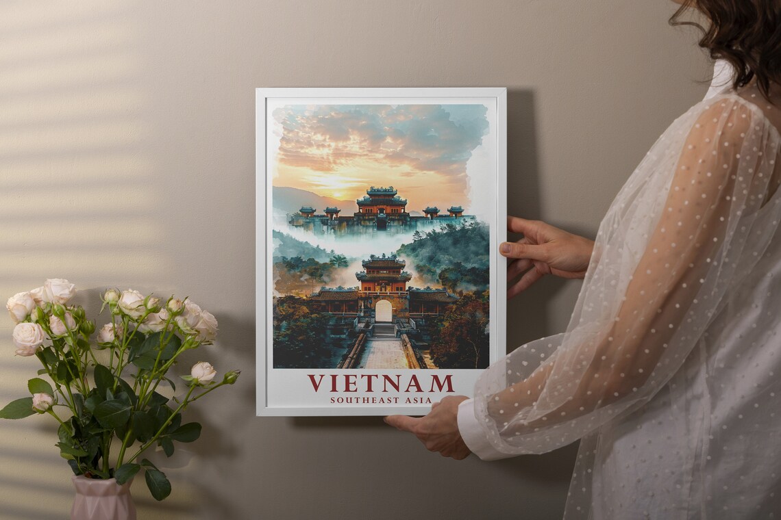 Vietnam Hue Imperial City Gate Sunrise Watercolor Travel Poster - Image 2