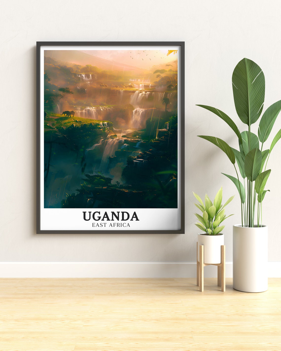 Uganda Waterfall Cascades With Elephants Golden Hour Africa Poster - Image 3