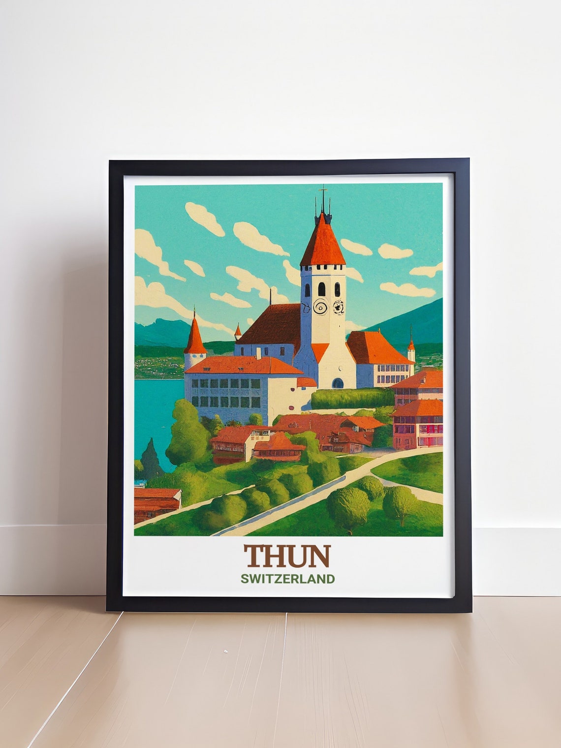 Thun Castle Red Rooftops Above Lakeside Old Town View Poster - Image 4