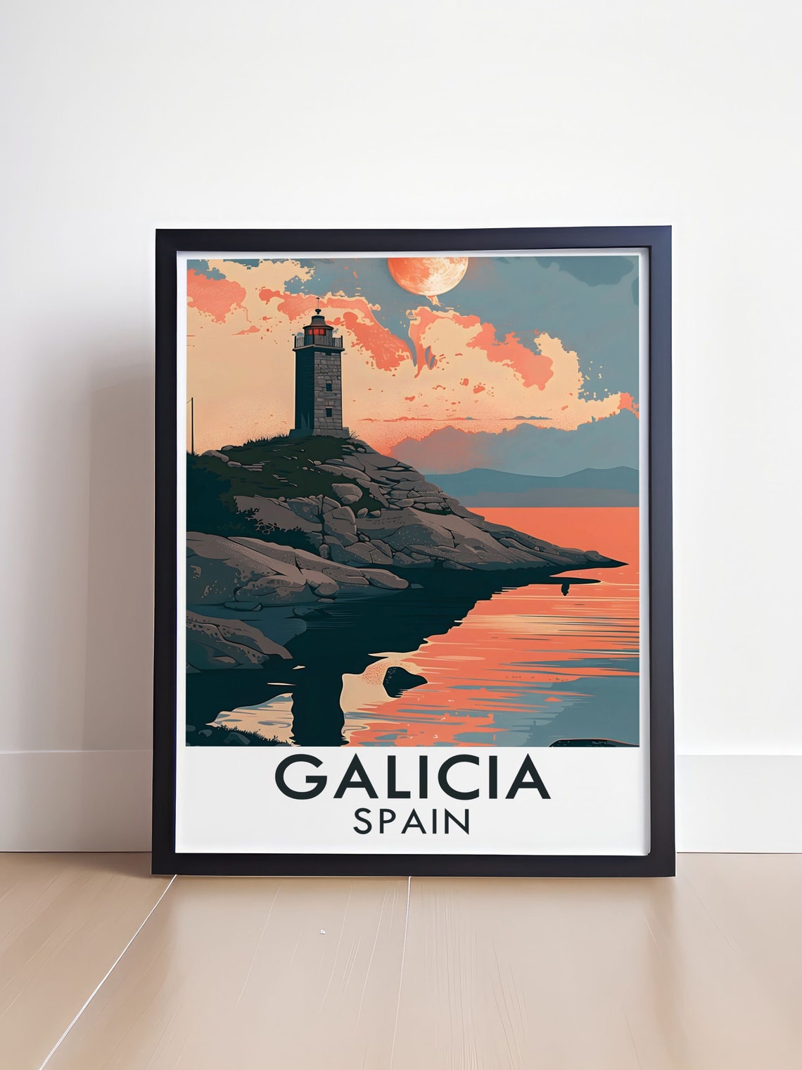 Galicia Spain Lighthouse on Rocky Point at Sunset Travel Poster - Image 4