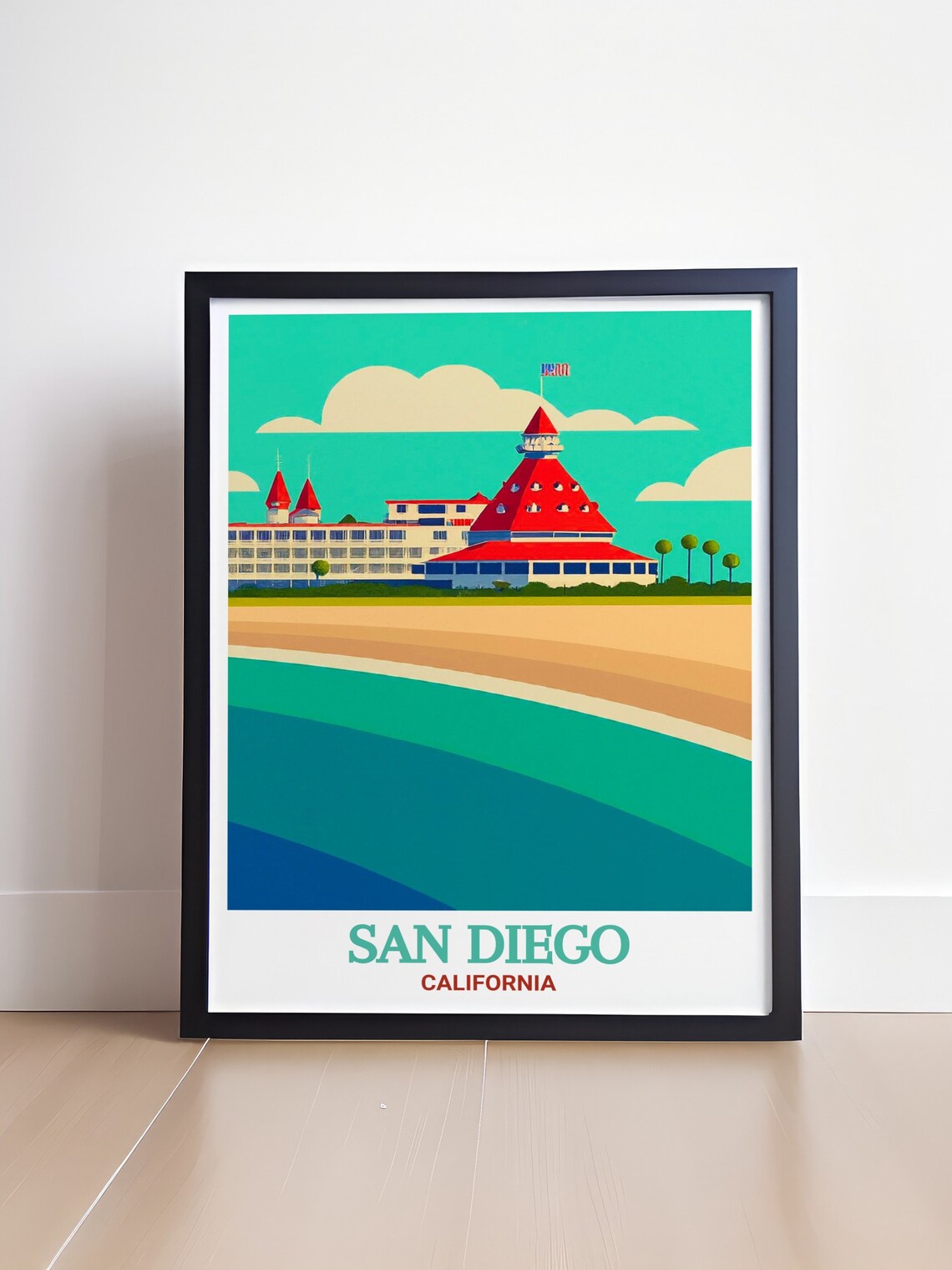 San Diego California Coronado Hotel Red Roof Beach Retro Travel Poster - Image 4