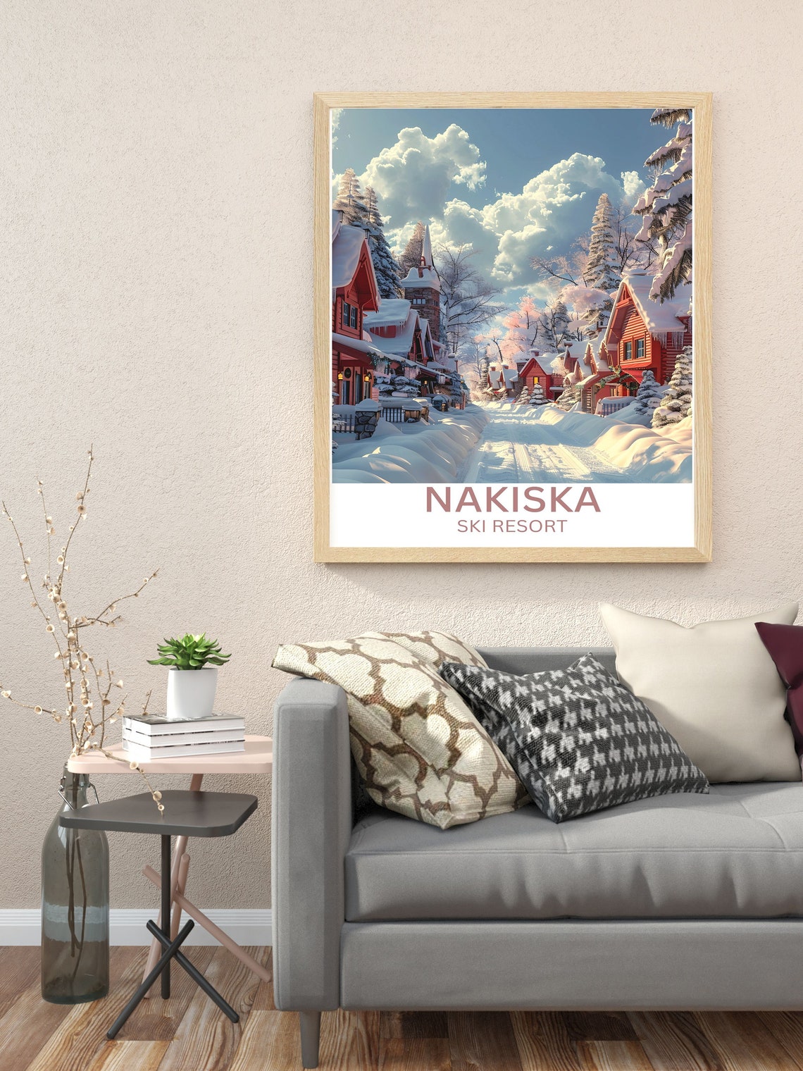 Nakiska Ski Resort Snowy Red Chalet Village Street Winter Poster - Image 3