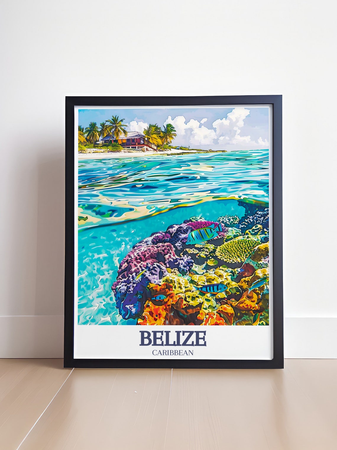 Belize Caribbean Coral Reef Underwater Scene with Beach House Poster - Image 4