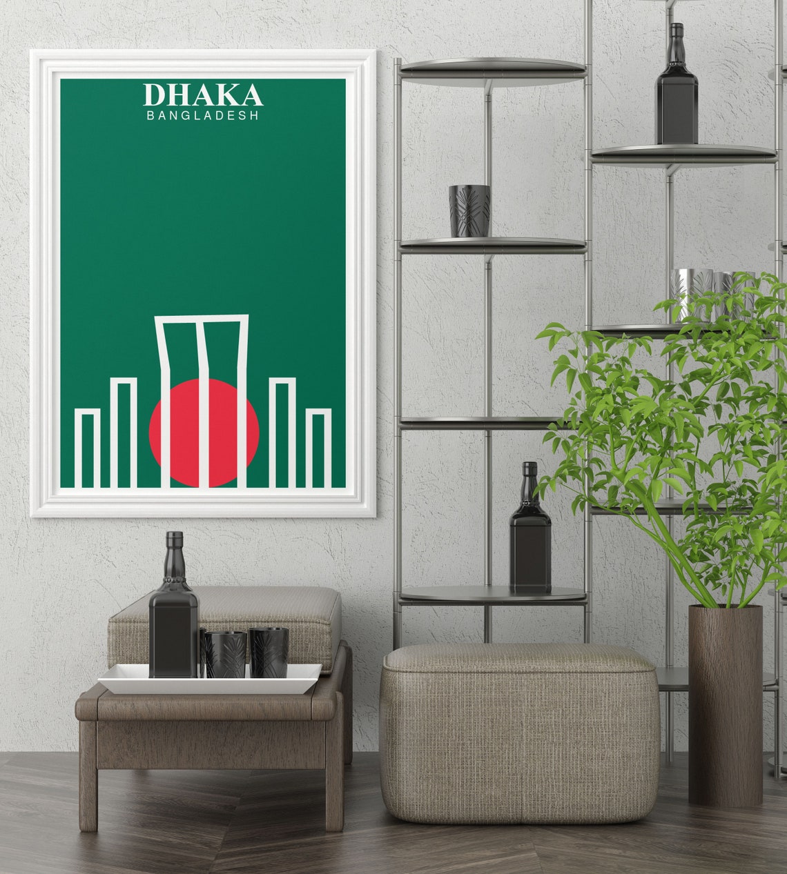 Dhaka Shaheed Minar Minimalist Line Art Bangladesh Flag Green Poster - Image 3
