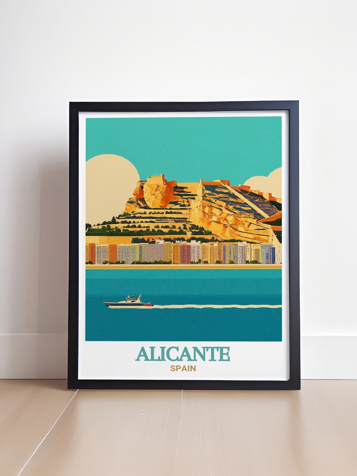 Alicante Santa Barbara Castle Yacht Teal Sun Spain Harbor Poster - Image 4