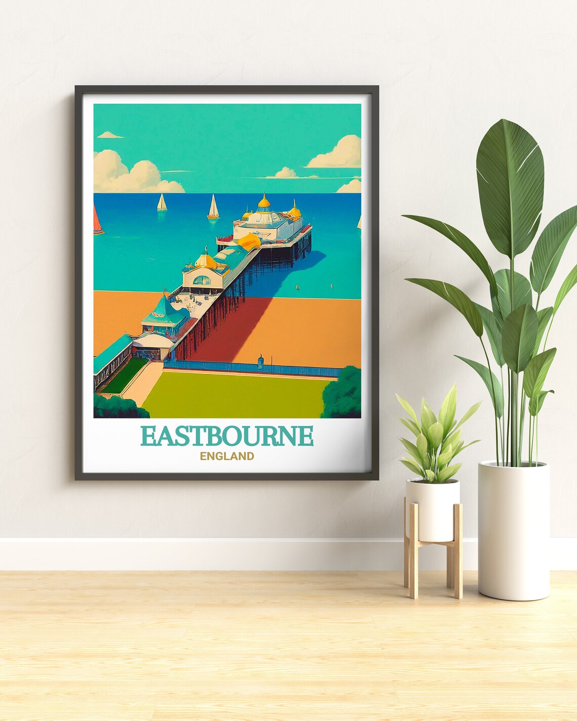 Eastbourne Pier Seaside Sailboats British Beach England Travel Poster - Image 3