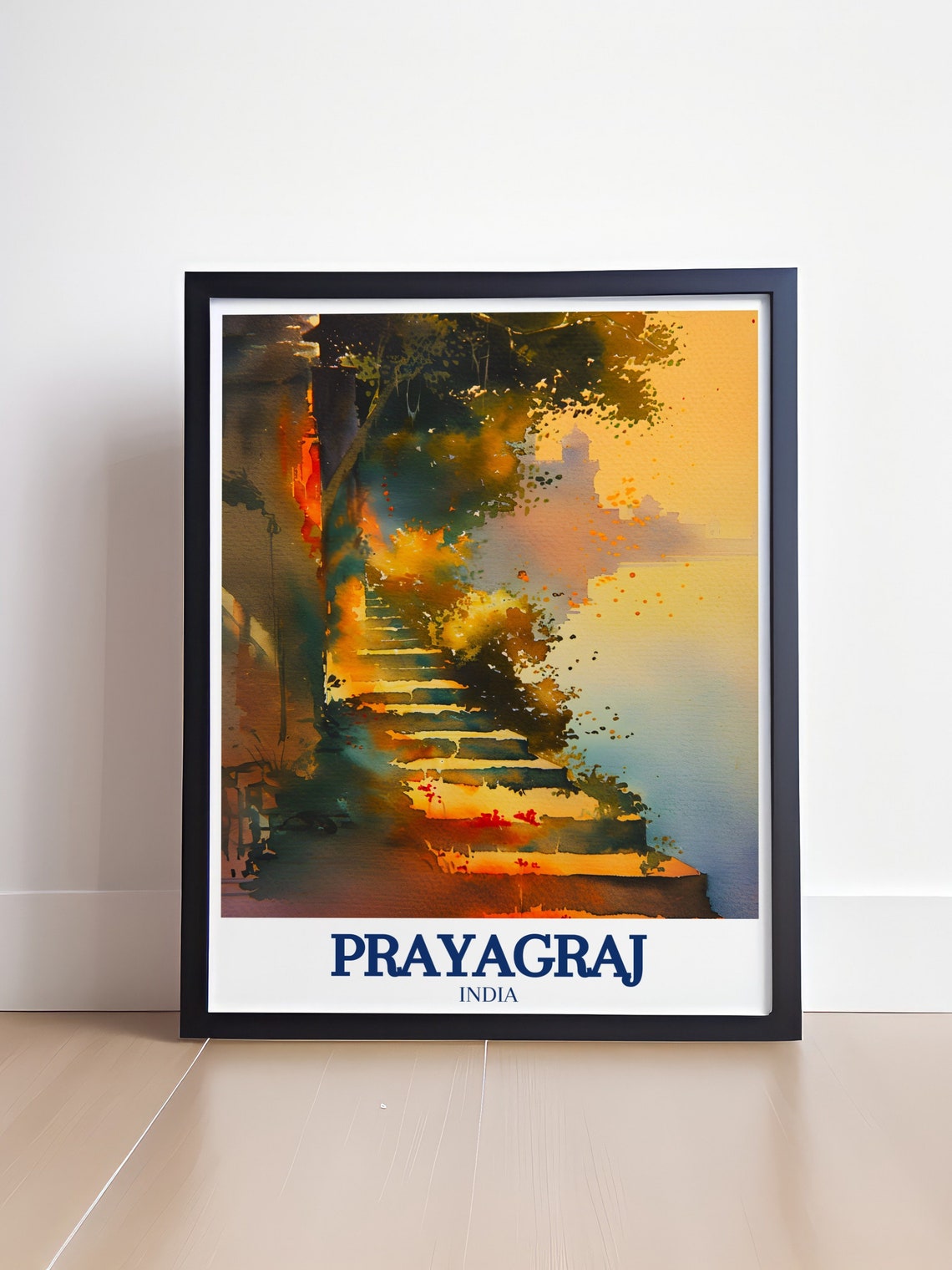 Prayagraj India Golden Watercolor Temple Staircase River Poster - Image 4